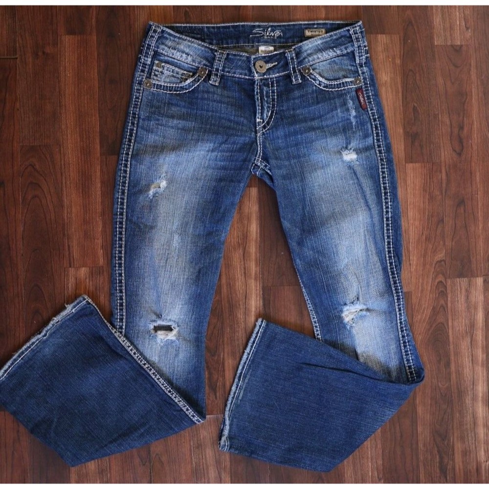 Silver Jeans Womens W27 L31 Twisted Blue Bootcut Low Rise Distressed Denim